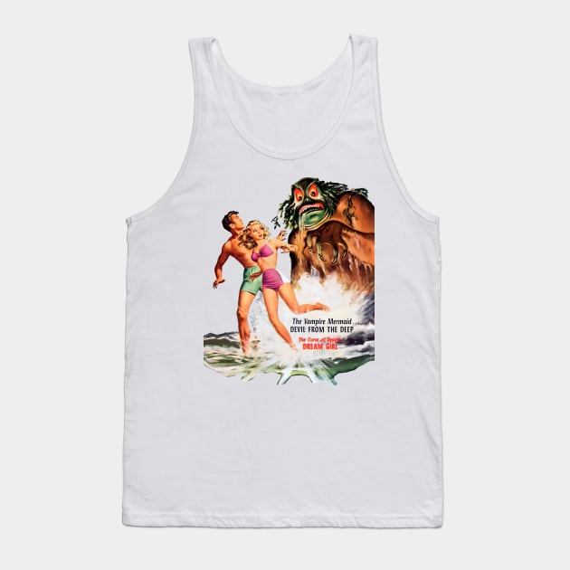 Sexy Pin Up Girl Running Escaping Vintage Monster Beach Sea Water Halloween Comic Tank Top by REVISTANGO